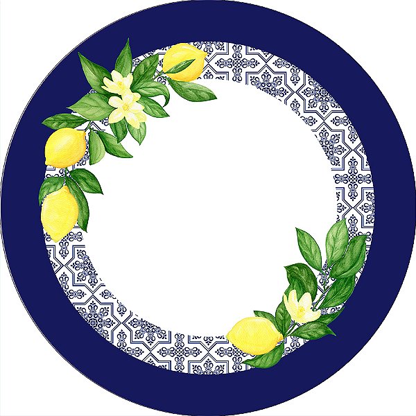 Painel de Festa em Tecido - Limão Siciliano com Azulejos Marinho 041