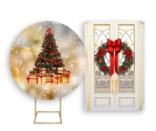 Painel Redondo + Painel Vertical - Árvore de Natal Tons Dourados Chique