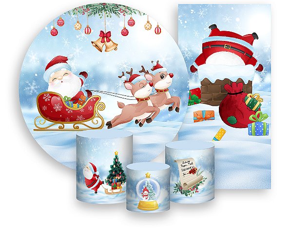 Painel de Festa 3d + Trio Capa Cilindro + Faixa Veste Fácil - Natal Papai Noel no Treno Cute 012