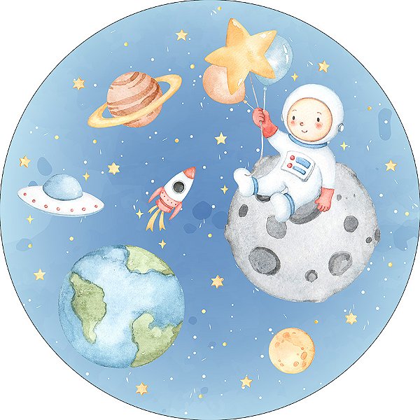 Painel De Festa Redondo 1,50x1,50 - Astronauta no Planetinha 006