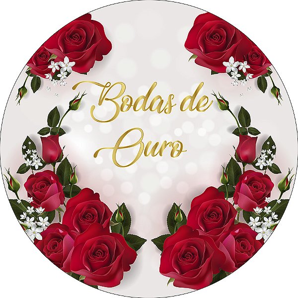 Painel De Festa Redondo 1,50x1,50 - Bodas de Ouro Flores Vermelhas 006