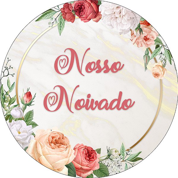 Painel De Festa Redondo 1,50x1,50 - Nosso Noivado Floral Efeito Mármore 012