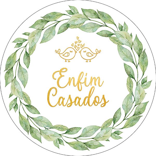 Painel De Festa Redondo 1,50x1,50 - Enfim Casados Dourado Folhagens 026