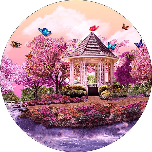 Painel De Festa Redondo 1,50x1,50 - Jardim com Borboletas 004