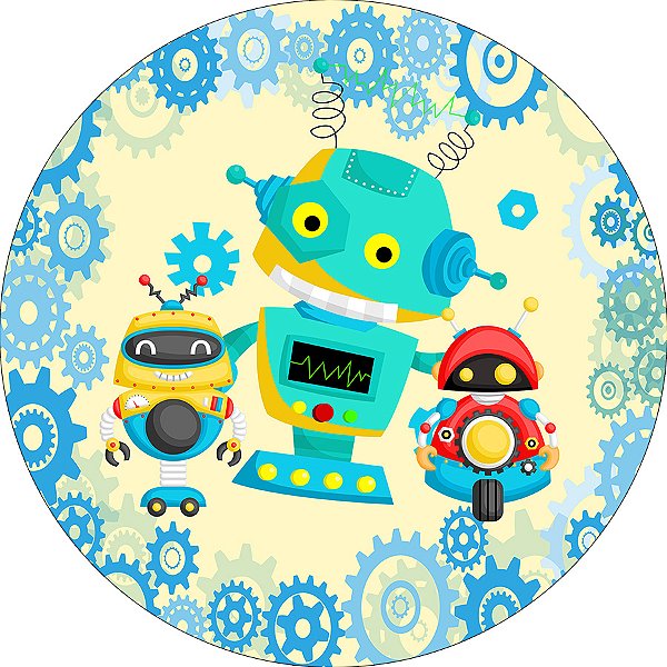 Painel De Festa Redondo 1,50x1,50 - Robôs Cute Engrenagens 021