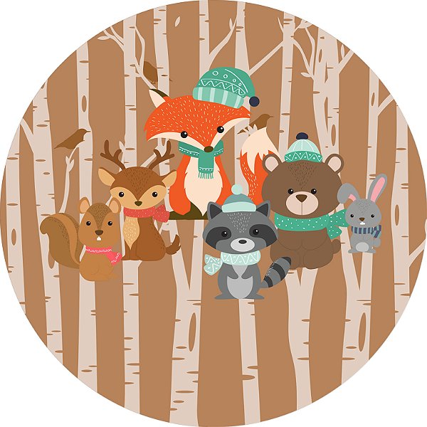 Painel De Festa Redondo 1,50x1,50 - Animais Bosque Marrom 005