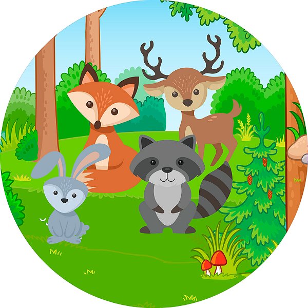 Painel De Festa Redondo 1,50x1,50 - Animais no Bosque 007