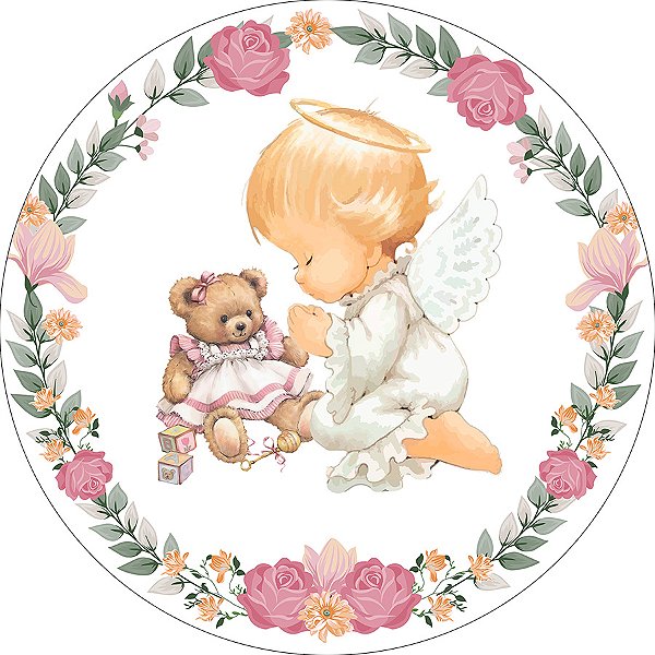 Painel De Festa Redondo 1,50x1,50 - Batizado Anjo e Ursinho 012