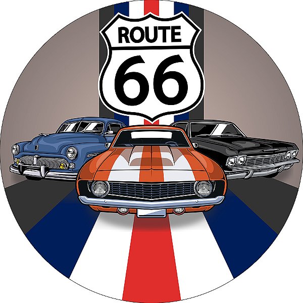 Painel De Festa Redondo 1,50x1,50- Route 66 Carros Antigos 009
