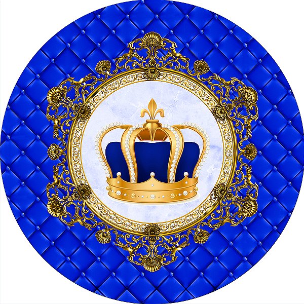Painel De Festa Redondo 1,50x1,50 - Coroa Realeza Capitonê Azul 001