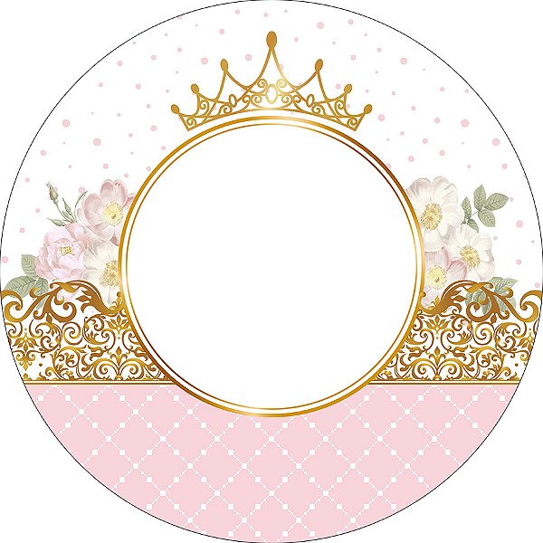Painel De Festa Redondo 1,50x1,50 - Realeza Rosa Frame Arabesco Dourado 007