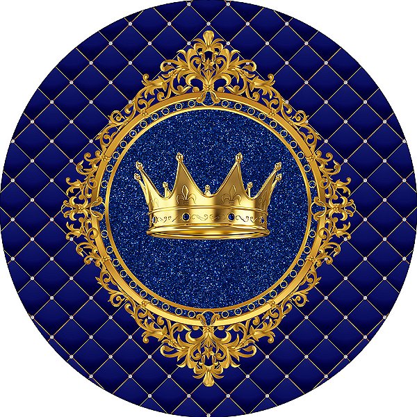 Painel De Festa Redondo 1,50x1,50 - Coroa Realeza Azul e Dourado 011