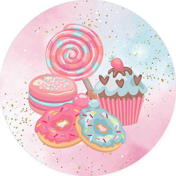 Painel De Festa Redondo 1,50x1,50 - Confeitaria Doces Azul e Rosa 006