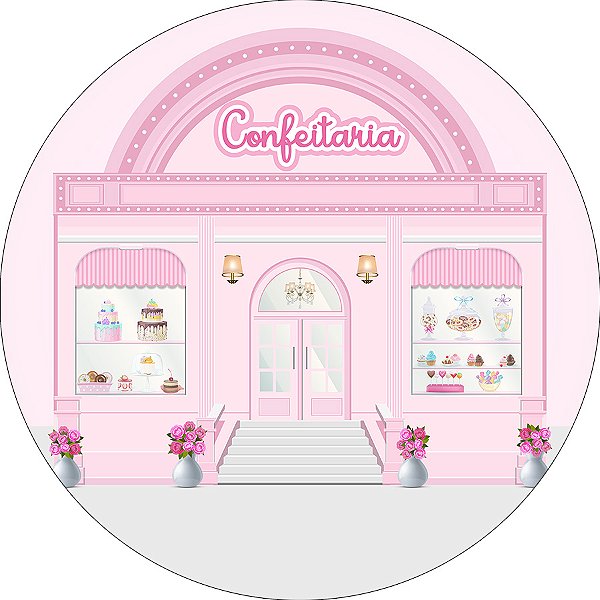 Painel De Festa Redondo 1,50x1,50 - Confeitaria Vitrine Rosa 026