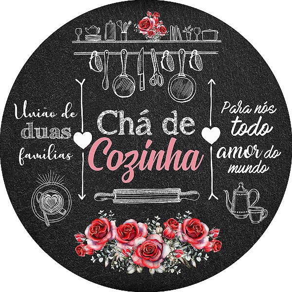 Painel De Festa Redondo 1,50x1,50 - Chá de Cozinha Flores Vermelhas 009