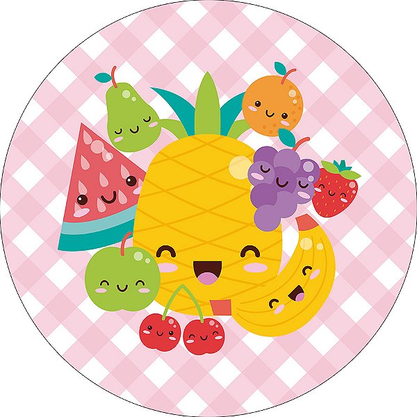 Painel De Festa Redondo 1,50x1,50 - Frutinhas Cute Xadrez Rosa 060