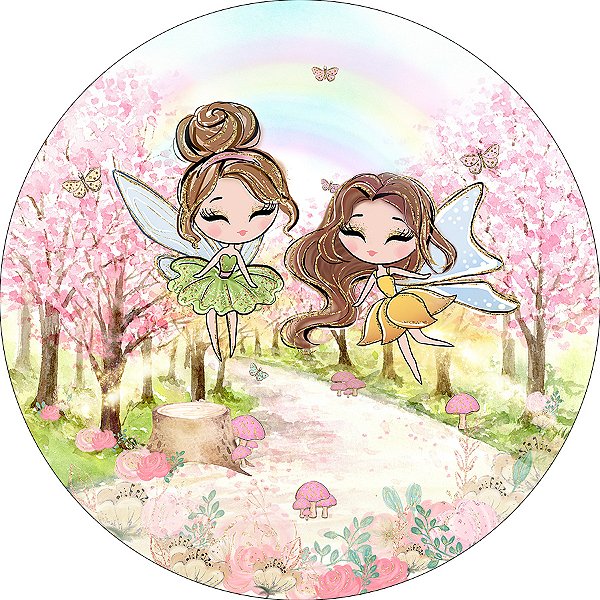 Painel De Festa Redondo 1,50x1,50 - Fadinhas Cute Aquarela 005