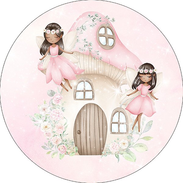 Painel De Festa Redondo 1,50x1,50 - Casinha das Fadas Efeito Brilhos 014