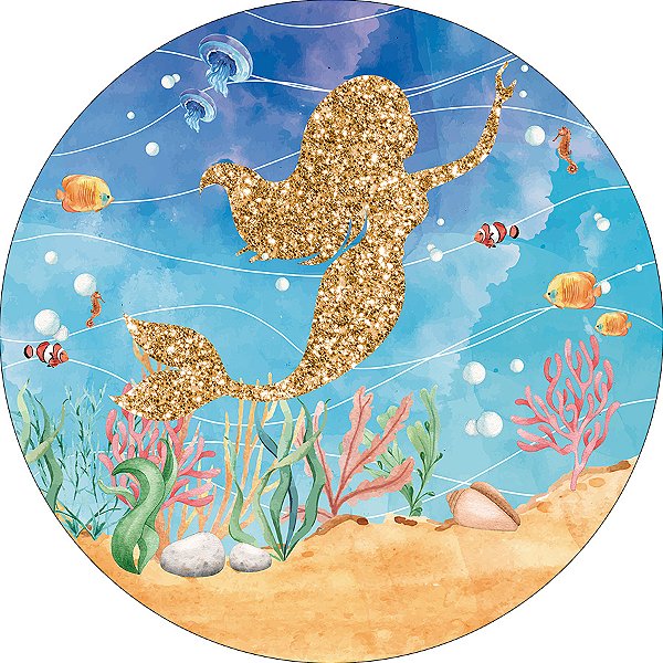 Painel De Festa Redondo 1,50x1,50 - Fundo do Mar Sereia Efeito Glitter Dourado 021