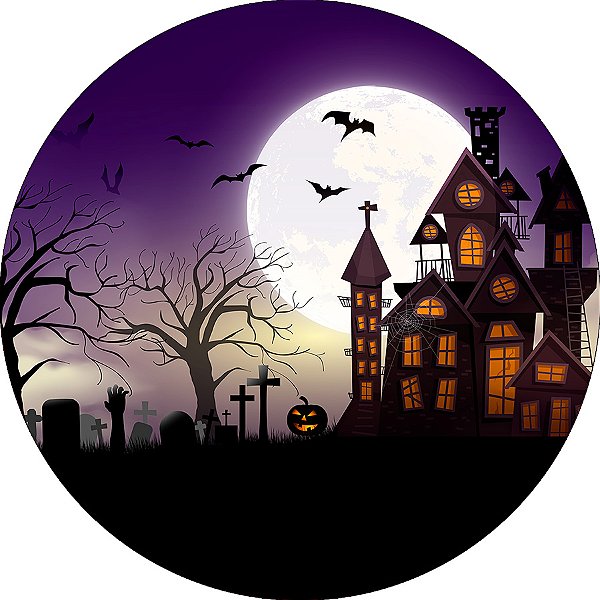 Painel De Festa Redondo 1,50x1,50 - Halloween Castelo Assombrado 002