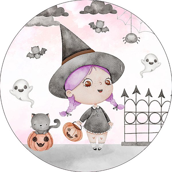 Painel De Festa Redondo 1,50x1,50 - Halloween Bruxinha Cute 007