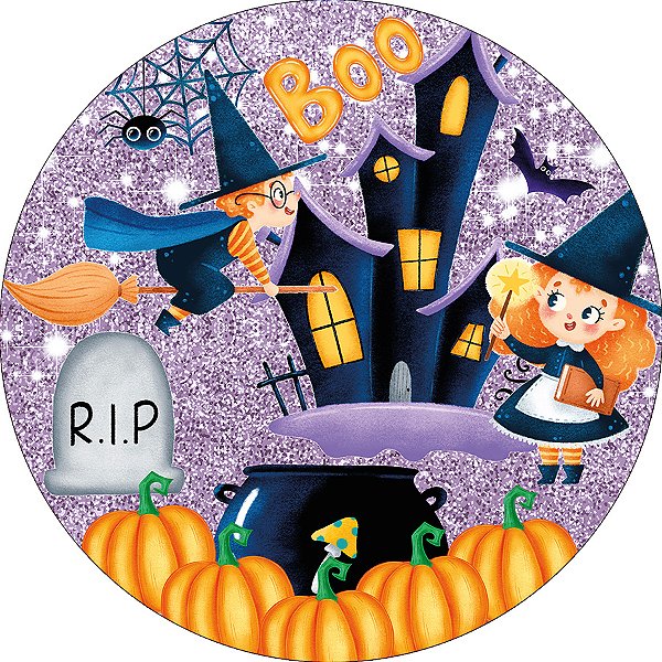 Painel De Festa Redondo 1,50x1,50 - Halloween Bruxinha Lilás Efeito Glitter 008