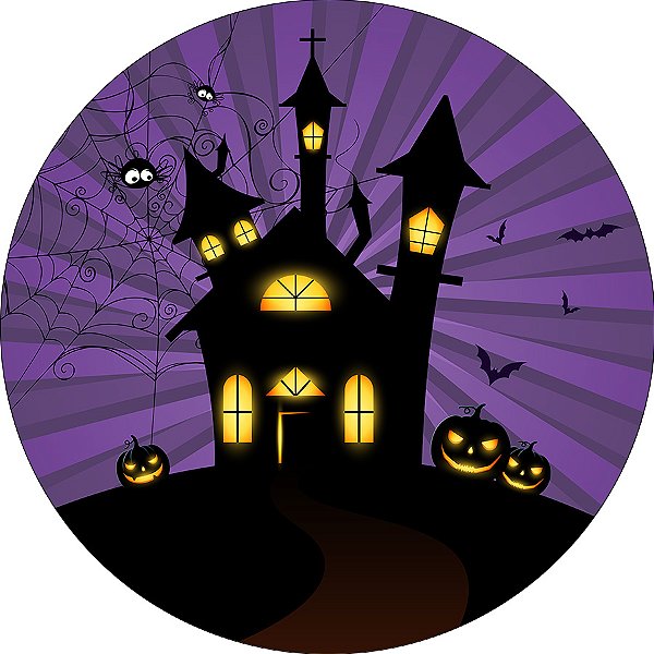 Painel De Festa Redondo 1,50x1,50 - Halloween Castelo Assombrado Roxo 024