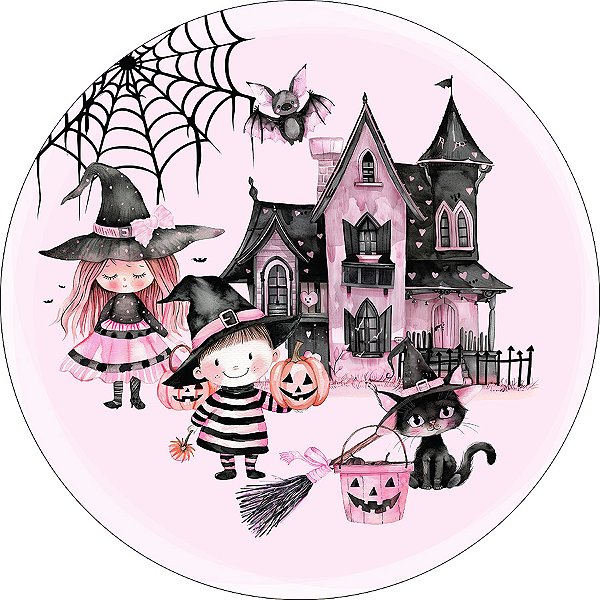 Painel De Festa Redondo 1,50x1,50 - Halloween Bruxinhas Rosa e Preto 034
