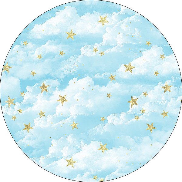 Painel De Festa Redondo 1,50x1,50 - Nuvens Céu Azul com Estrelas 003