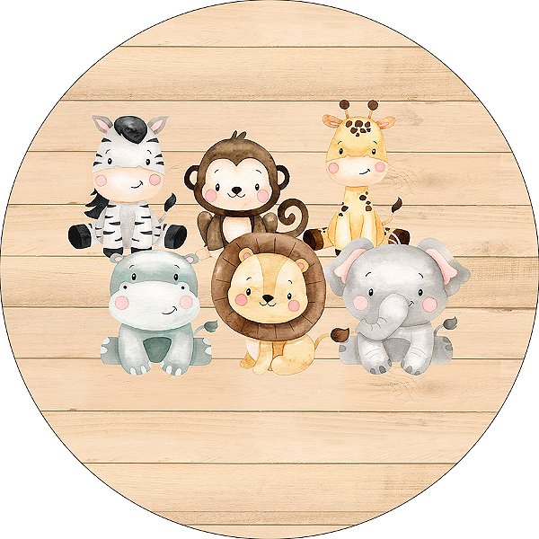 Painel De Festa Redondo 1,50x1,50 - Safari Cute Efeito Madeira 017