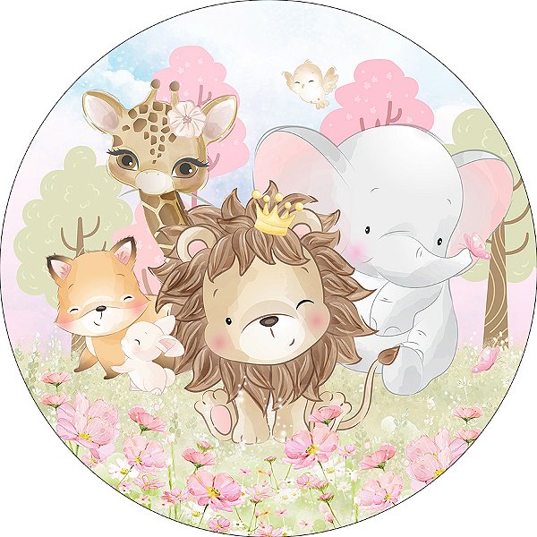 Painel De Festa Redondo 1,50x1,50 - Safari Animais Baby Cute 039