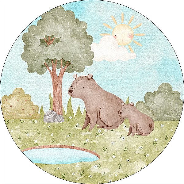 Painel De Festa Redondo 1,50x1,50 - Fauna Capivara Aquarela 042