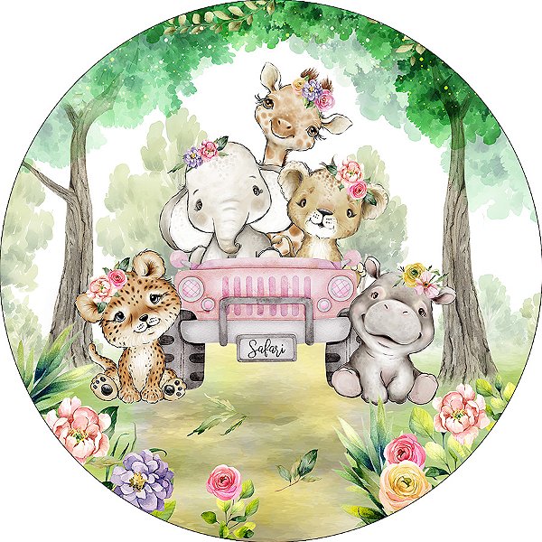 Painel De Festa Redondo 1,50x1,50 - Safari Animais Carrinho Rosa 069