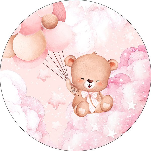 Painel De Festa Redondo 1,50x1,50 - Chá de Bebê Ursinho Voando Céu Rosa 056