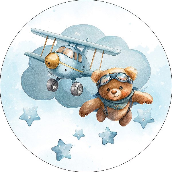 Painel De Festa Redondo 1,50x1,50 - Chá de Bebê Urso Aviador Nuvens com Estrelas 065