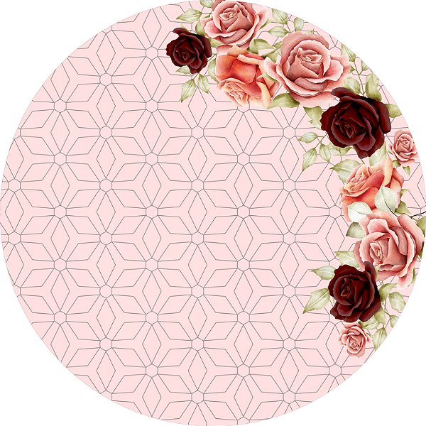 Painel De Festa Redondo 1,50x1,50 - Geométrico Rosa com Flores 009
