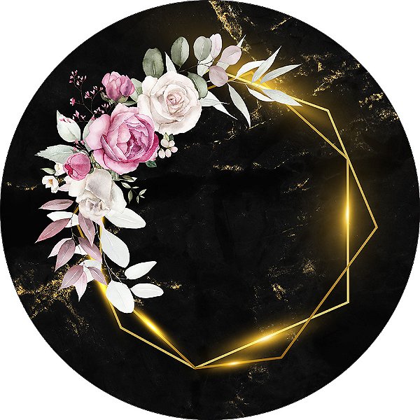 Painel De Festa Redondo 1,50x1,50 - Preto com Geométrico Floral Dourado 090