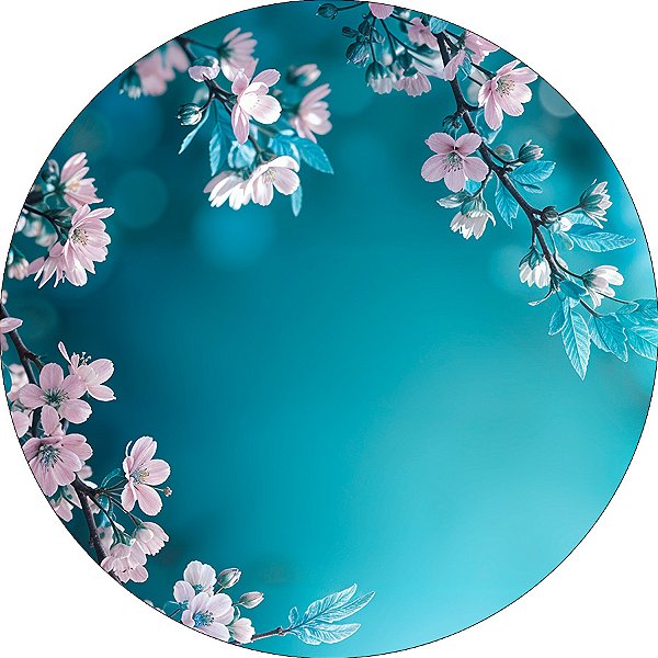 Painel De Festa Redondo 1,50x1,50 - Flores Brancas Fundo Azul 019