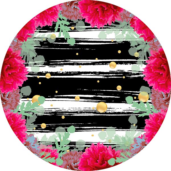 Painel De Festa Redondo 1,50x1,50 - Listras Preto e Branco com Flores 029