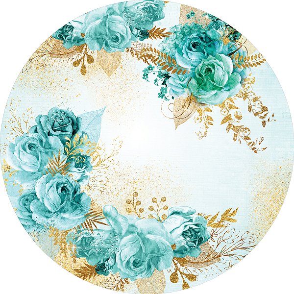 Painel De Festa Redondo 1,50x1,50 - Flores Verde com Dourado 030