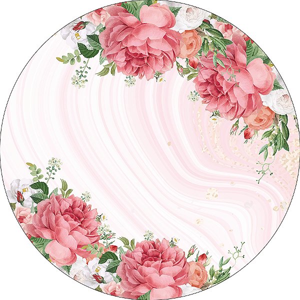 Painel De Festa Redondo 1,50x1,50 - Efeito Mármore Floral Rosa 035