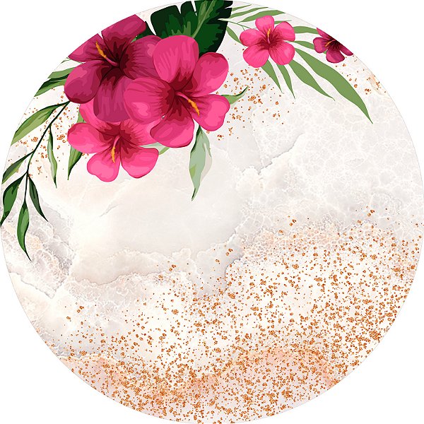 Painel De Festa Redondo 1,50x1,50 - Flores com Efeito Glitter 040