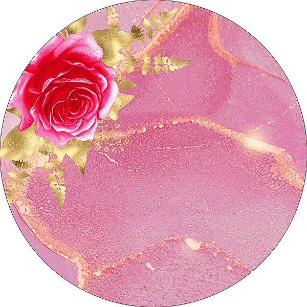 Painel De Festa Redondo 1,50x1,50 - Flores Mármore Rosa e Dourado 130