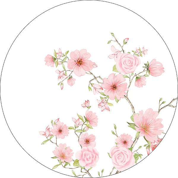 Painel De Festa Redondo 1,50x1,50 - Galho Floral Rosa e Verde 184