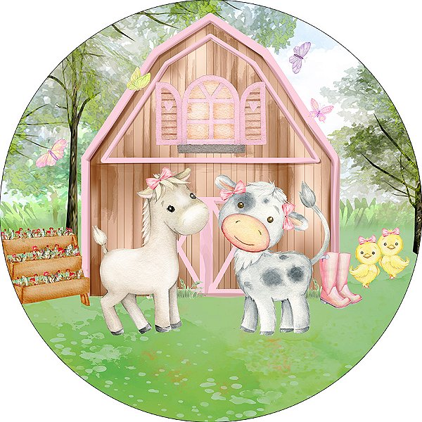 Painel De Festa Redondo 1,50x1,50 - Fazendinha Cavalos Cute 016