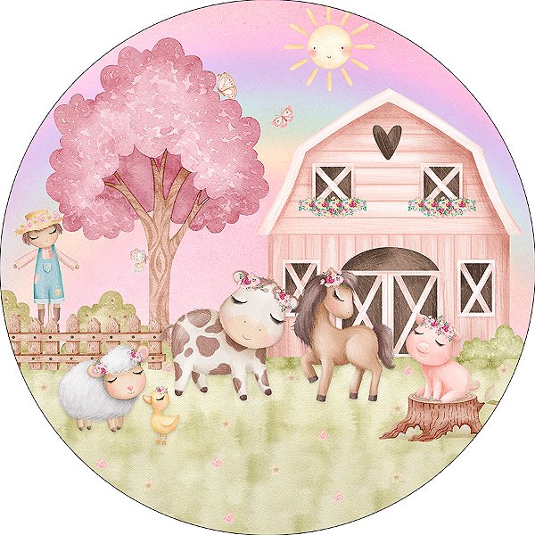 Painel De Festa Redondo 1,50x1,50 - Fazendinha Rosa Cute 023