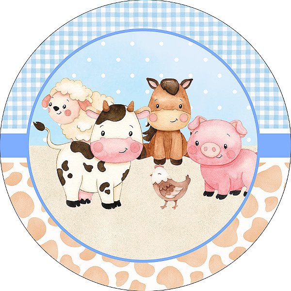 Painel De Festa Redondo 1,50x1,50 - Fazendinha Azul e Bege 043