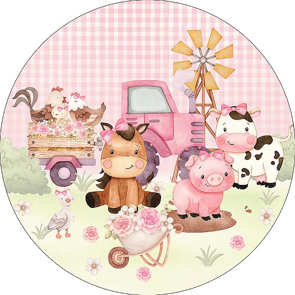 Painel De Festa Redondo 1,50x1,50 - Fazendinha Rosa com Laços e Flores 047