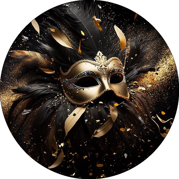 Painel De Festa Redondo 1,50x1,50 - Carnaval Preto e Dourado 023