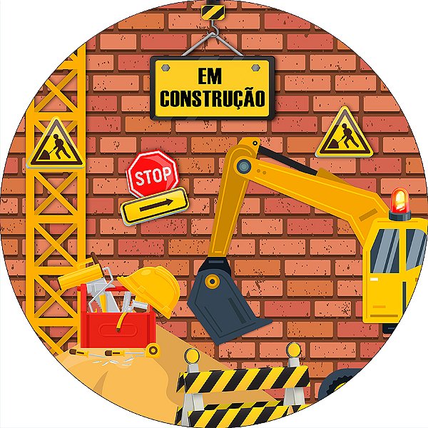 Painel De Festa Redondo 1,50x1,50 - Construção Trator Parede Efeito Tijolos 001